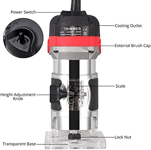 Wood Trimmer, JUSTOOL Compact Router 800W 30000R/MIN Electric Hand Trimmer Wood Laminator Router Tool Set with Case, Professional Hand Trimmer Tool Set for Wood Crafting Work