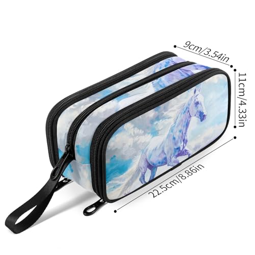 Image of Fustylead Watercolor White Horse in Lavender Field Pencil Pen Case with 3 Compartments, Lightweight & Spacious Stationery Bag Cosmetics Bag