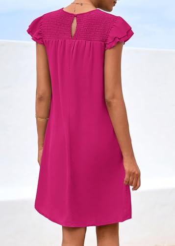 Image of KIRUNDO Women's Casual Dresses 2024 Summer Ruffle Cap Sleeve Smocked Crew Neck Tunic Shift Chiffon Short Dinner Party Dress(Rose Red, Medium)