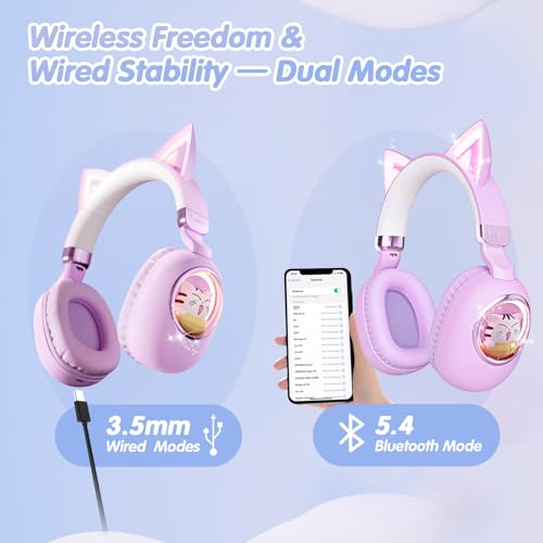 esonstyle Cat Ear Headphones for Kids - Bluetooth 5.4 On-Ear Noise Cancelling Headphones with Microphone 85dB Safe Volume Limit Wireless or 3.5mm Wired Mode USB C for School Learning Travel (Purple) — view 4