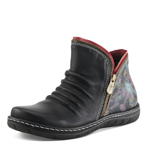 Spring Step L’Artiste Chesapeake Women’s Floral Bootie – Hand-Painted Leather Burnished Design – Bohemian Ruched Front, Flexible Sole, Inside Zipper Boots, Black EU 38/ US 7.5-8