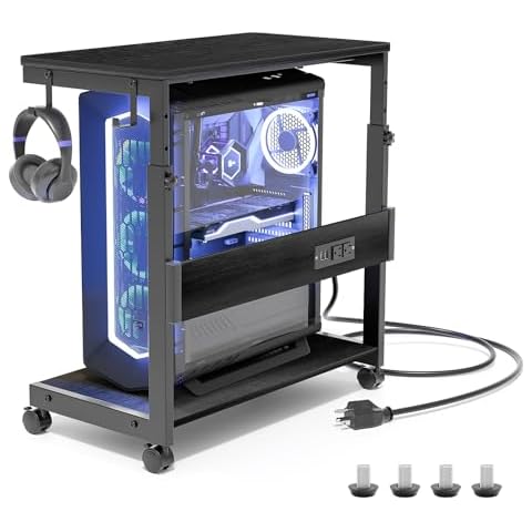 Height Adjustable Computer Tower Stand with Charge Station and USB Charging Port, 2-Tier ATX-Case Cart, Under Desk Mobile PC Stand, CPU Holder Cart with Locking Caster Wheels for Fits Most PC (Black) Cover