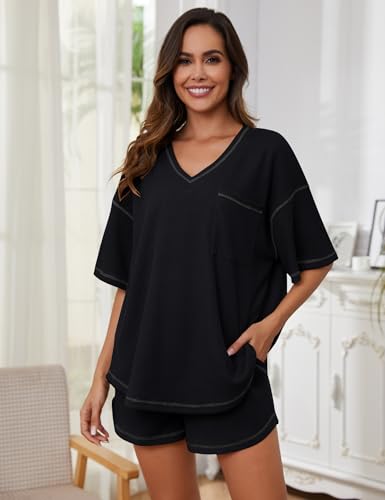 Image of Womens Pajama Sets Waffle Knit 2 Piece Short Lounge Set Cute Sleep Loungewear Pjs Set Short Sleeve Top and Shorts