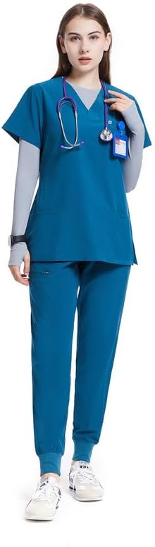 Uniforms World Scrubs for Women Set - Stretch Scrub Top & Pants with 8 Pockets, Yoga Waistband, Anti Wrinkle, Slim Fit