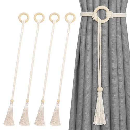 Alzapaños Cortinas, 4 Piezas Sujeta Cortinas, Recoge Cortinas con Anillo de Madera y Borla, Lazos de Cortina de Puerta Beige para Baño, Dormitorio, Oficina