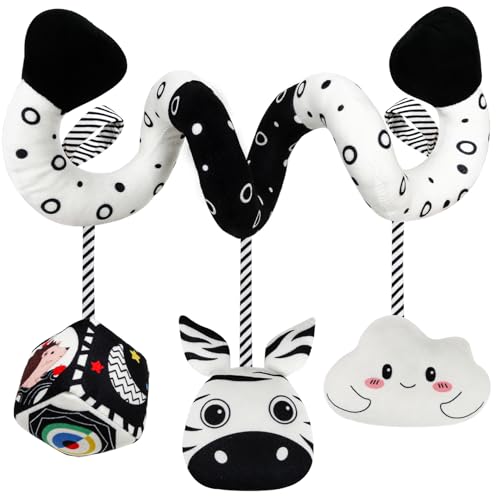 TSYAN Car Seat Toys for Babies 0-6 Months,Hanging Rattle Toys for Crib Mobile, Baby Spiral Hanging Stroller Black and White High Contrast Toys for Newborn 0 3 6 9 12 Months Baby Boys Girls (Zebra)