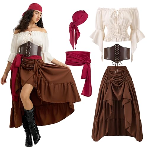 Piratenkostüm Damen Mittelalter Piraten Kostüm Set mit Piraten Accessoires Piraten Kopftuch Taillengürtel Mittelalter Kleid Damen mit Piraten Korsett für Karneval Fasching Halloween Mottoparty