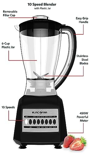 EUROSTAR EBL820BK 450W 10-Speed Plastic Jar Blender, Black