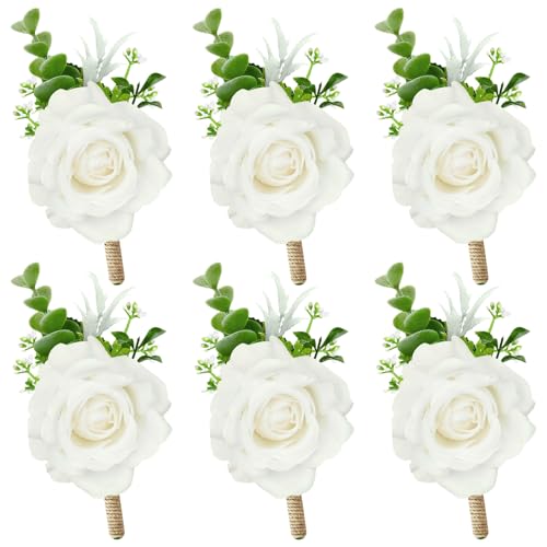 6 Pack Ivory White Rose Boutonniere for Men