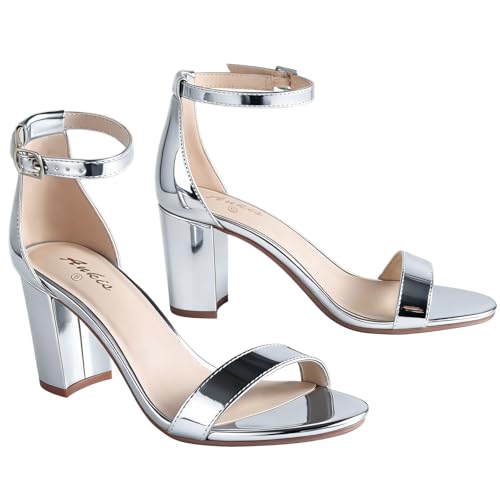 Ankis Silver Heels for Women Chunky - Open Toe Glitter Heels for Women Chunky Pump Sandals Party Wedding Block Heels Standard Size 2.75 Inches Tall Thick Heel Silver 8