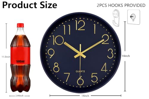 Image of 14Inch Navy Blue Silent Wall Clock Battery Operated Clocks for Home | Non-ticking Analog Clock with Tempered Glass & Large Numbers, Wall Clocks for Living Room, Bedroom, Office and Kitchen Decor