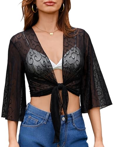 Image of Totatuit Women's Short Cardigan Bolero Sheer Shrug Tie Open Front Bell Sleeve Summer Cropped Bolero Cardigan