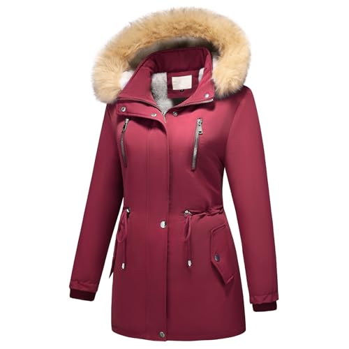 MODFUL Damen Fleece Daunenjacke Abnehmbare Kapuze Verdicken Sherpa Wintermantel Coat (Rot, L)