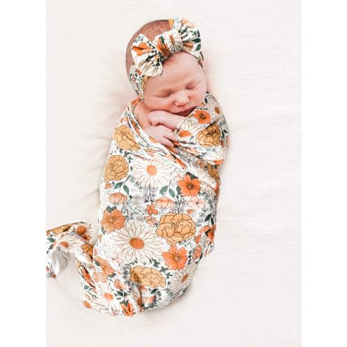 Image of Konssy Baby Girl Newborn Receiving Blanket with Headband Set Baby Swaddle Nursery Swaddle Wrap