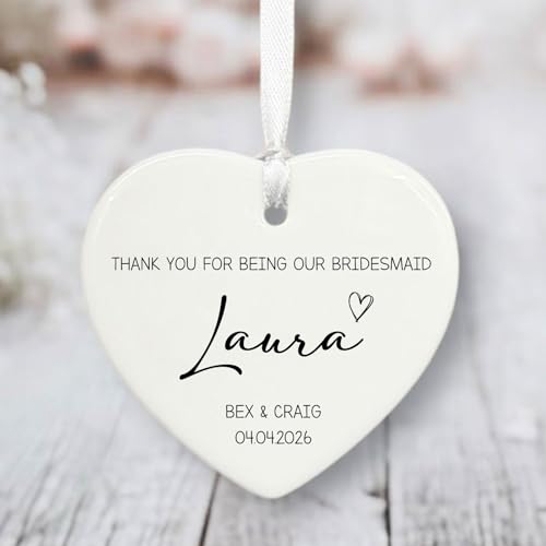 Image of Personalised Porcelain Special Bridesmaid Gift, Custom Hanging Heart, Wedding Keepsake, Ceramic Heart Ornament, Bridesmaid Favour