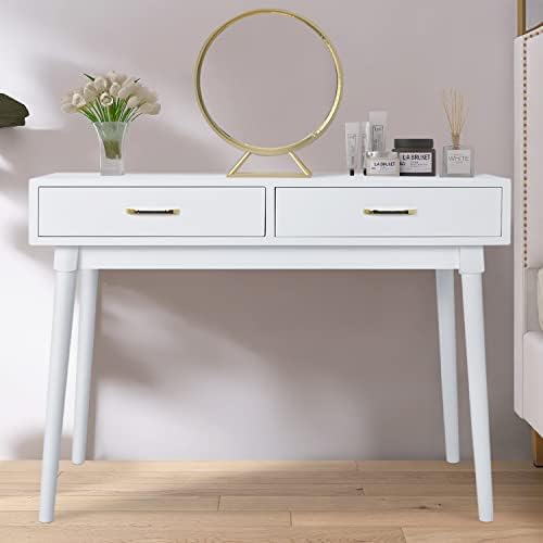 Vikiullf Writing Desk - Modern Home Office Desk with Drawers and Hutch, Wooden Study Computer Desk, Vanity Table for Bedroom (White, 39 inch)
