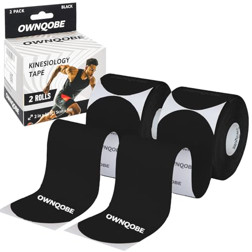 OWNQOBE Kinesiology Tape Precut (2 Rolls, 40 Strips) –Waterproof, Latex-Free Hypoallergenic Athletic Tape for Muscle & Joint Support –Breathable Elastic Sports Tape for Recovery & Shoulder Pain Black