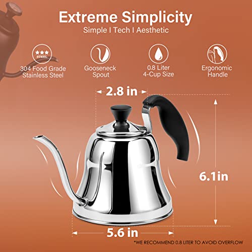 Chefbar Tea Kettle For Stovetop, Barista's Choice Gooseneck Pour Over Coffee Kettle With Flow Control, Food Grade Stainless Steel Water Kettle, Tea Pot For Home & Kitchen Small Tea Kettle 28Oz, Silver #TOP1