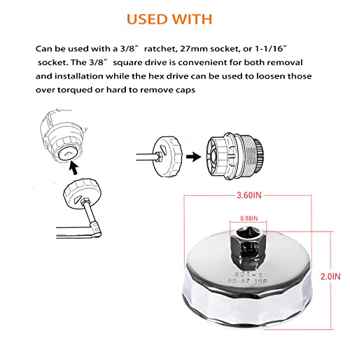 CTcar 86mm-Ölfilterschlüssel für BMW Volvo zum Entfernen der 86mm-16Rillen-Ölfiltergehäusekappen im Kartuschenstil (Silberstahl)