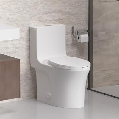 Elongated One Piece Toilet for Bathrooms, 1.1/1.6 GPF and MAP 1000g Dual Flush Compact Toilet with Soft Closing Seat, 17.3" Comfortable Height Seat Modern Toilet, 12'' Rough-In (Gloss White)