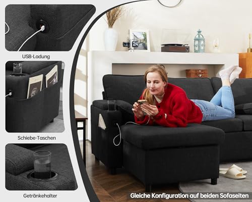 DURASPACE Schlafsofa ausziehbar 2 in 1 Sektional Schlafsofa Couches mit Lagerung, USB, Cup Holder, Pullout Sektional Couches für Wohnung Wohnzimmer (Dunkelgrau) – Bild 5
