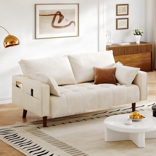 DWVO 67" Loveseat Sofa, Velvet Fabric Sofa Couch for Small Space, Modern Loveseat with Button Tufted Seat and Side Storage Pockect, 3 Seater Couch for Living Room Bedroom, 2 Pillows Included, Beige