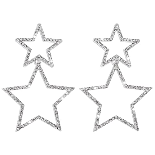 Weenkeey Pendientes estrás con forma estrella pendientes colgantes cristal con forma estrella grande pendientes colgantes estrás con forma estrella pendientes cristal para mujeres y niñas plata