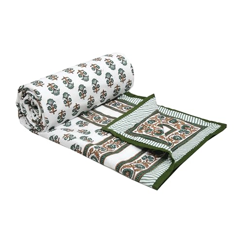 Image of BLOCKS OF INDIA Hand Block Printed Cotton Single Size Reversible Malmal Dohar for Summer (Green Yellow Tree)
