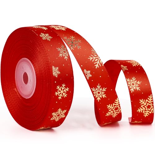 Nastro Natalizio 2cm×25Yards Merry Christmas, Nastri Decorativi Natale per Pacchi Regalo Pacchetti Confezione Albero di Natale Decorazioni (Rosso-Fiocchidi neve)