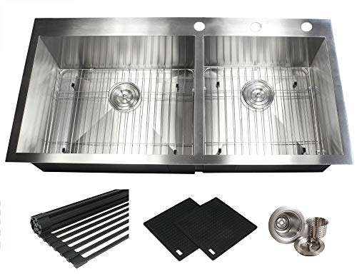 43 INCH (6040) Zero Radius Design 16 Gauge Topmount Drop In Over the Counter Large Double Bowl 5050 Stainless Steel Kitchen Sink Premium Package 43 INCH (6040) KKR-FT4321-6040
