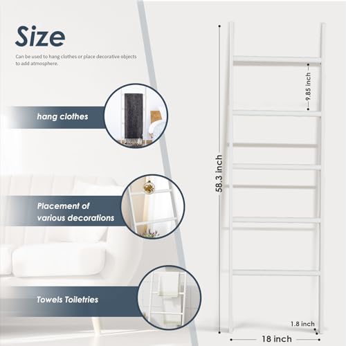 Delywh 5-Tier Blanket Ladder Wooden, Non-Folding 4.8FT(57.5'') Blanket Quilt Holder Rack Decorative Ladder, Easy Assembly, Rustic Farmhouse Ladder Shelf for The Living Room Bedroom Home Decor, White