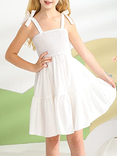 Efinny Girls Summer Dress Spaghetti Strap Kids Solid Sundresses Sleeveless Bow Casual Short Dresses 5-12 Years White #TOP2