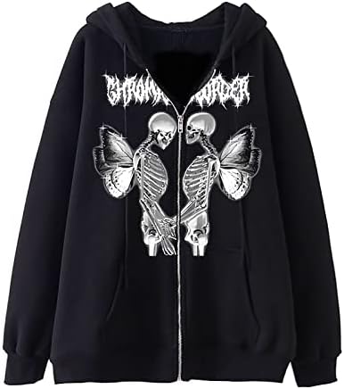 CosTribe Women's Y2K Zip Up Hoodies Novelty Aesthetic Skeleton Graphic Pullover Casual Cardigan Sweatshirt Tops with Pocket (Black,Small)