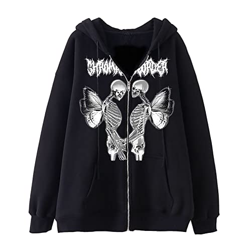Costribe Women's Y2K Zip Up Hoodies Novelty Aesthetic Skeleton Graphic Pullover Casual Cardigan Sweatshirt Tops With Pocket (Black,Small) #TOP11