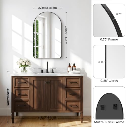 Image of BONEWEI Arched Wall Mirror,22x36 inch Black Arched Mirror Bathroom,Vanity Mirror for Over Sink Metal Frame,Tempered Glass Arch Mirrors for Bedroom,Entryway,Living Room,Home Decor Shatter-Proof