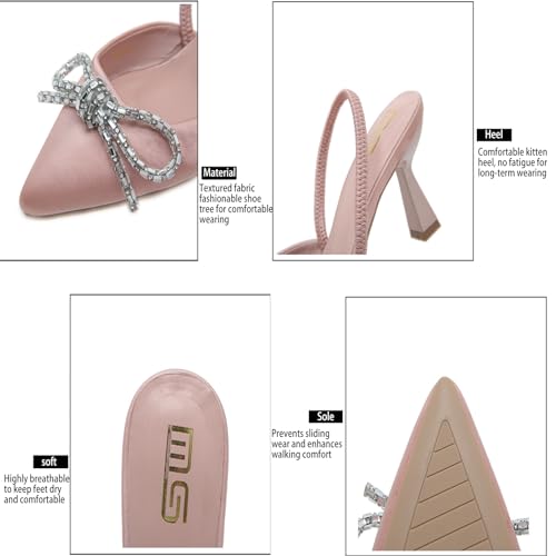 Women's Satin Rhinestone Bow Kitten Heel Slingback Pumps Fashion Elastic Ankle Strap Closed Pointed Toe Heel Dress Shoes for Wedding Bridal Party Evening Prom2