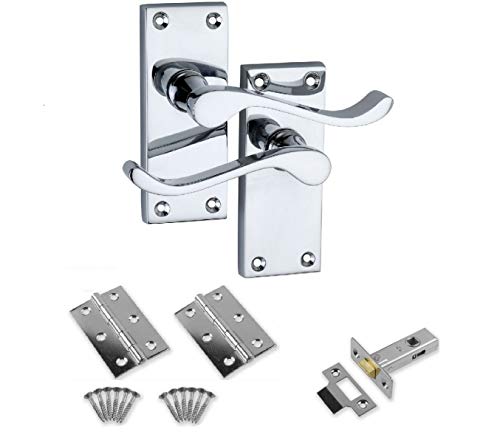 Designer Levers Viktorianischer Türgriff, poliertes Chrom, 1 Paar mit 64 mm Rohrriegel und 2 x 75 mm Scharnieren, Innentür-Set