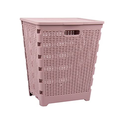 Mind Reader Basket Collection, Foldable Laundry Hamper, 61 Liter (10Kg/22Lbs) Capacity, Cut Out Handles, Attached Hinged Lid, Ventilated, Pink #TOP7