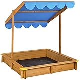 tectake® 801084 Sandkasten mit Dach, 120 x 120 x 120 cm, Sandkiste aus Holz mit praktischem Sitzflächenrand, schwenkbares und höhenverstellbares Sonnendach, inkl. Bodenplane (Blau | Nr. 404567)