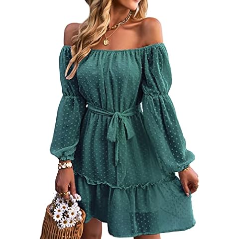 BebreezChic Women Dresses Square Neck Polka Dots Off Shoulder Long Sleeve Casual Vintage Mini Dresses Green Cover
