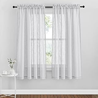 PONY DANCE Net Curtains for Bedroom - Short Thick Window Voile Panels with Semi Transparent Slot Top Curtain Light Filter for Kitchen, 2 Pieces, W 52 x L 63 inch, Light Grey