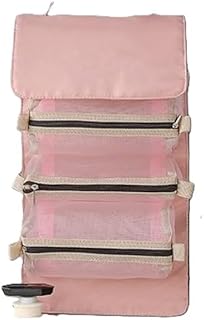 حقيبة تنظيم ادوات الزينة المعلقة، زهري، 4 مساحات تخزين شبكية، تصميم قابل للطي مع سحابات معدنية وحزام قابل للتعديل