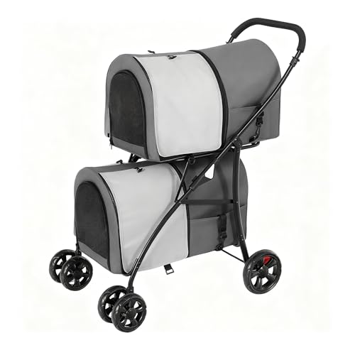 YITAHOME Passeggino per cani a doppio piano per animali domestici, portata fino a 30 kg, pieghevole, con finestra a rete, per due cani e gatti, grigio
