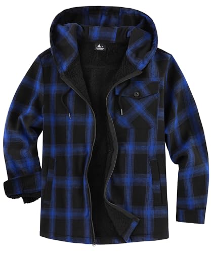 Image of V VALANCH Men's Sherpa Lined Flannel Jacket with Hood - Zip Up Plaid Shirt Jacket Winter Outdoor Warm Outerwear Fleece Coat