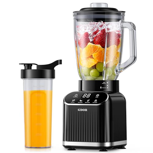 GDOR Frullatore professionale da 1200 W, 5 programmi, frullatore per frullati e frullati da 1,5 l, contenitore in vetro da 700 ml, per frullati, frullati e frutta congelata, autopulente