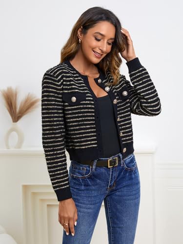 MakeMeChic Women's Striped Long Sleeve Cardigan Sweaters Button Down Crew Neck Knitted Outerwear Jacket4