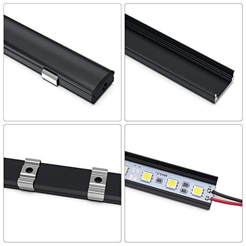 Jirvyuk Aluminium Led Profile, 1m/3.3ft LED Diffuser, Led Profile Channel for LED Strip Lights with Black Cover Indoor, End Caps and Metal Mounting Clips(U Shape)(6m)