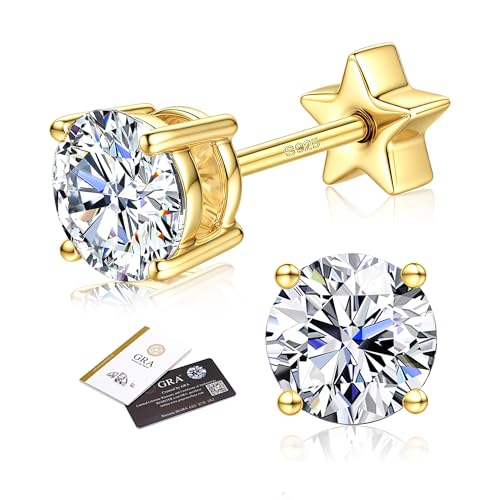 Image of Moissanite Stud Earrings for Women and Men, Hypoallergenic 925 Sterling Silver Earrings, D Colour VVS1 Diamond-Like Moissanite, 14K Gold Plated Small Flat Back Studs Gold Size 5mm