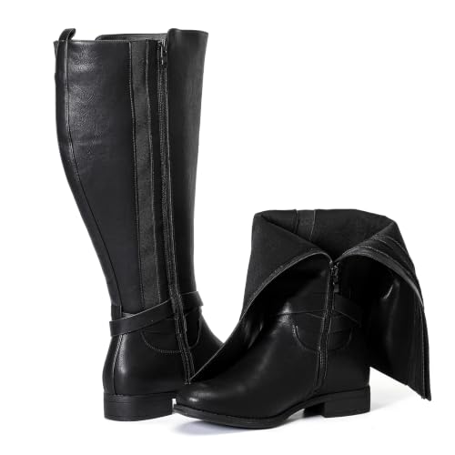 Image of Luoika Women's Extra Wide Calf Heeled Knee High Boots. | Wide Width, Winter Boots, Block Heel, Adjustable Buckle, Round toe