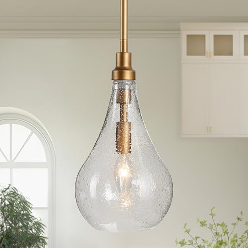 GEPOW Pendant Light Kitchen Island, 1-Light Modern Gold Pendant Light Fixtures Seeded Glass Hanging Pendant Lights for Dining Room, Bedroom, Hallway, Entryway